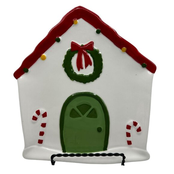 Tag Christmas Dessert Plate Green Front Door Wreath Candy Cane Red Roof Lights - Picture 8 of 10